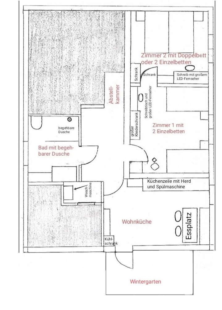 Grundriss bzw. Skizze der Ferienwohnung mit Innenraumlayout